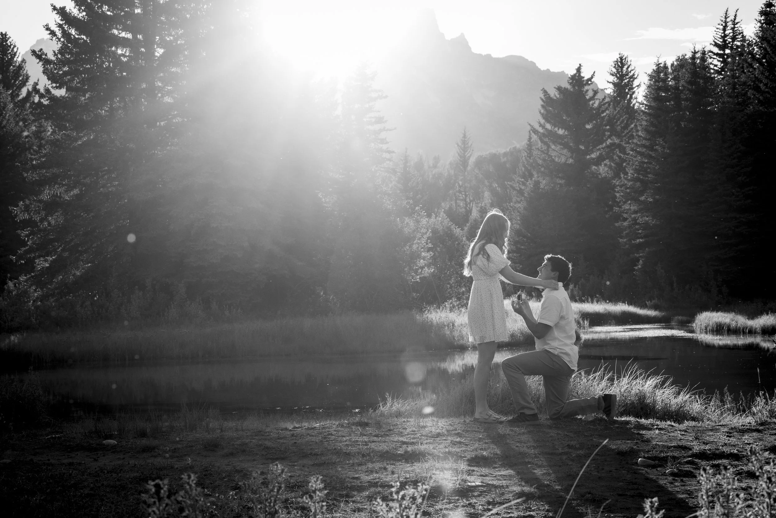 A black and white photo of a man proposing to a woman with a ring near a lake, surrounded by trees and mountains in the background, with sunlight shining through the trees.