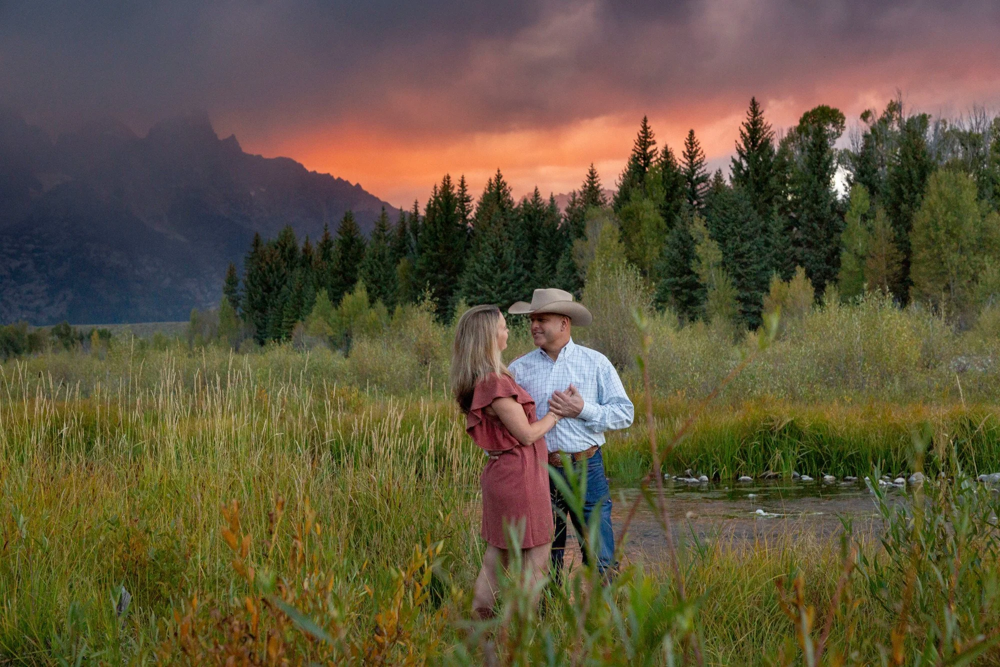A man and woman stand in a grassy field near a body of water, holding hands and gazing at each other. The man is wearing a cowboy hat and a checkered shirt, while the woman is wearing a reddish-brown dress with ruffled sleeves. In the background, the