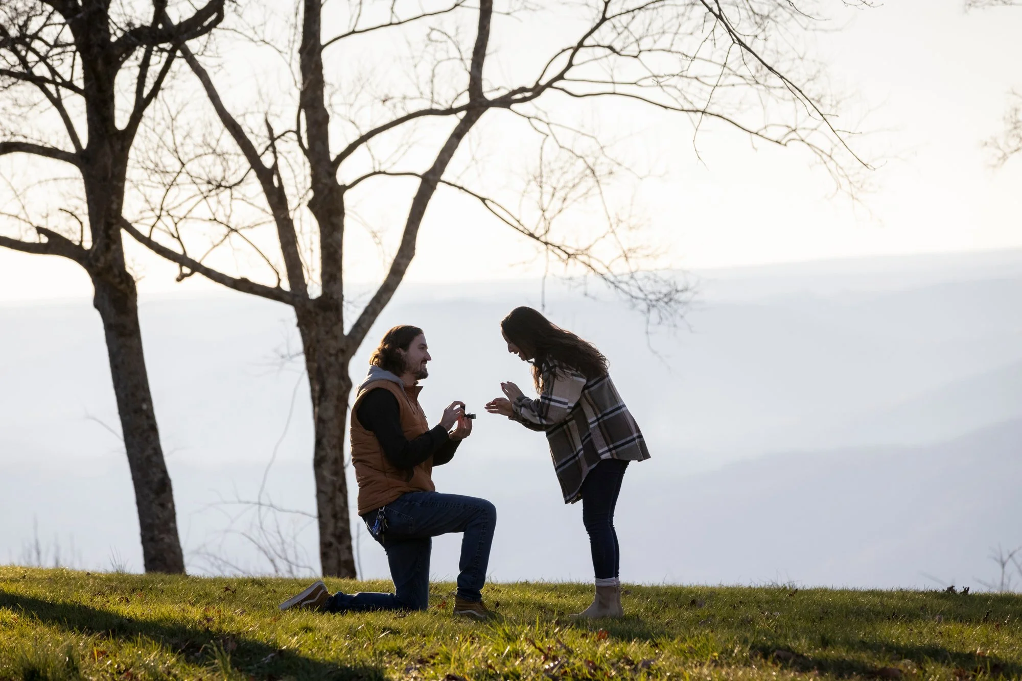 A man kneeling on the grass proposing marriage to a woman, who is smiling and holding her hand out. They are outdoors near a tree, with a scenic landscape in the background and the sun shining.