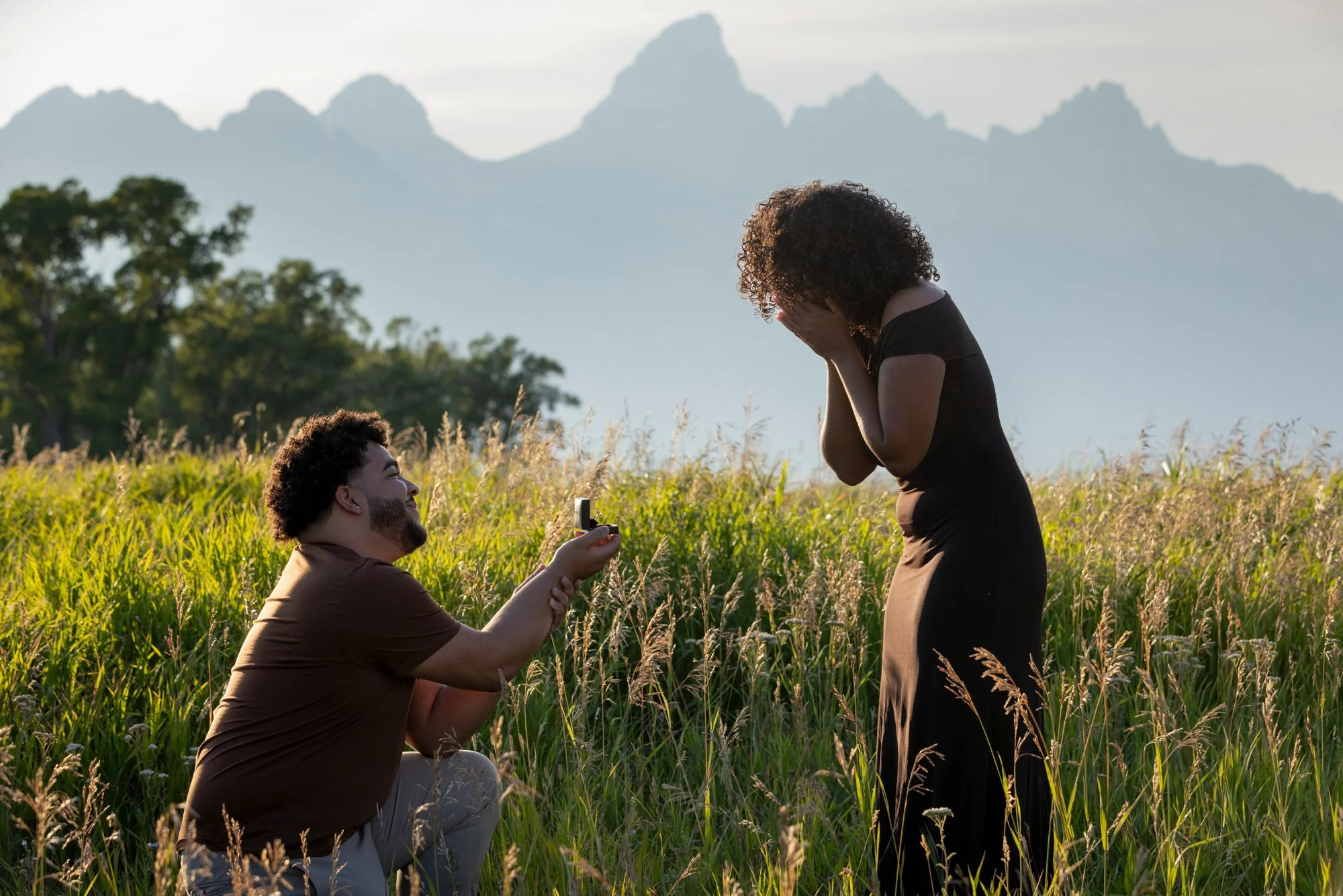 A man on one knee in a grassy field proposing to a woman who is covering her face with her hands, with mountains and trees in the background.