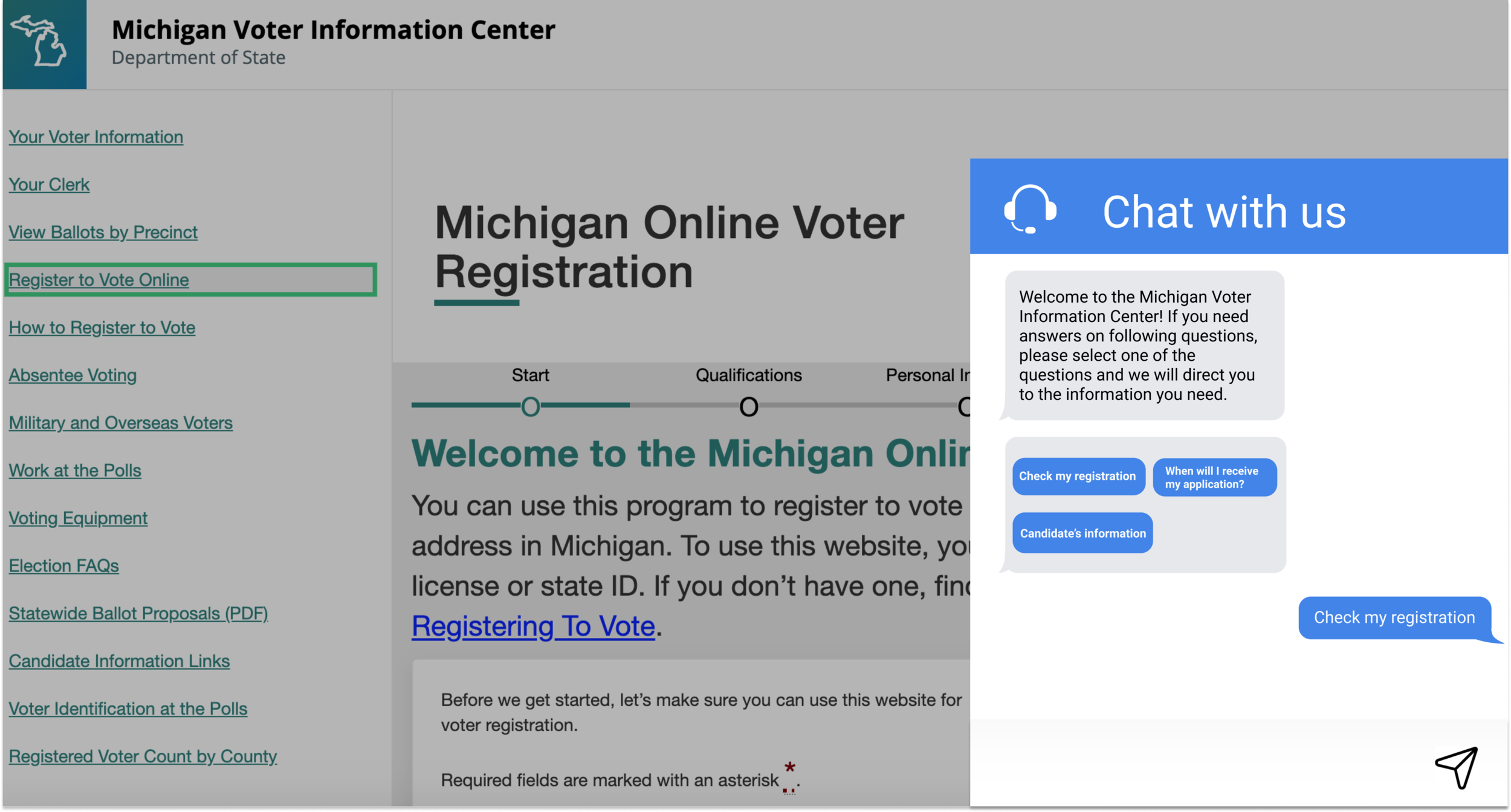 Mockup 5: chat window embedded in MDOS website to provide some automated answers and direct voters to the correct place of the website to find answers