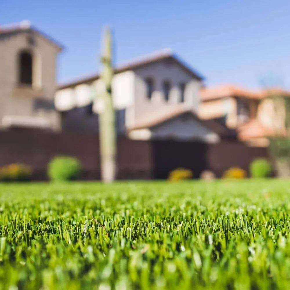 Professional installers leveling a high-quality synthetic turf field at an Arizona school to ensure proper drainage and heat reduction performance.