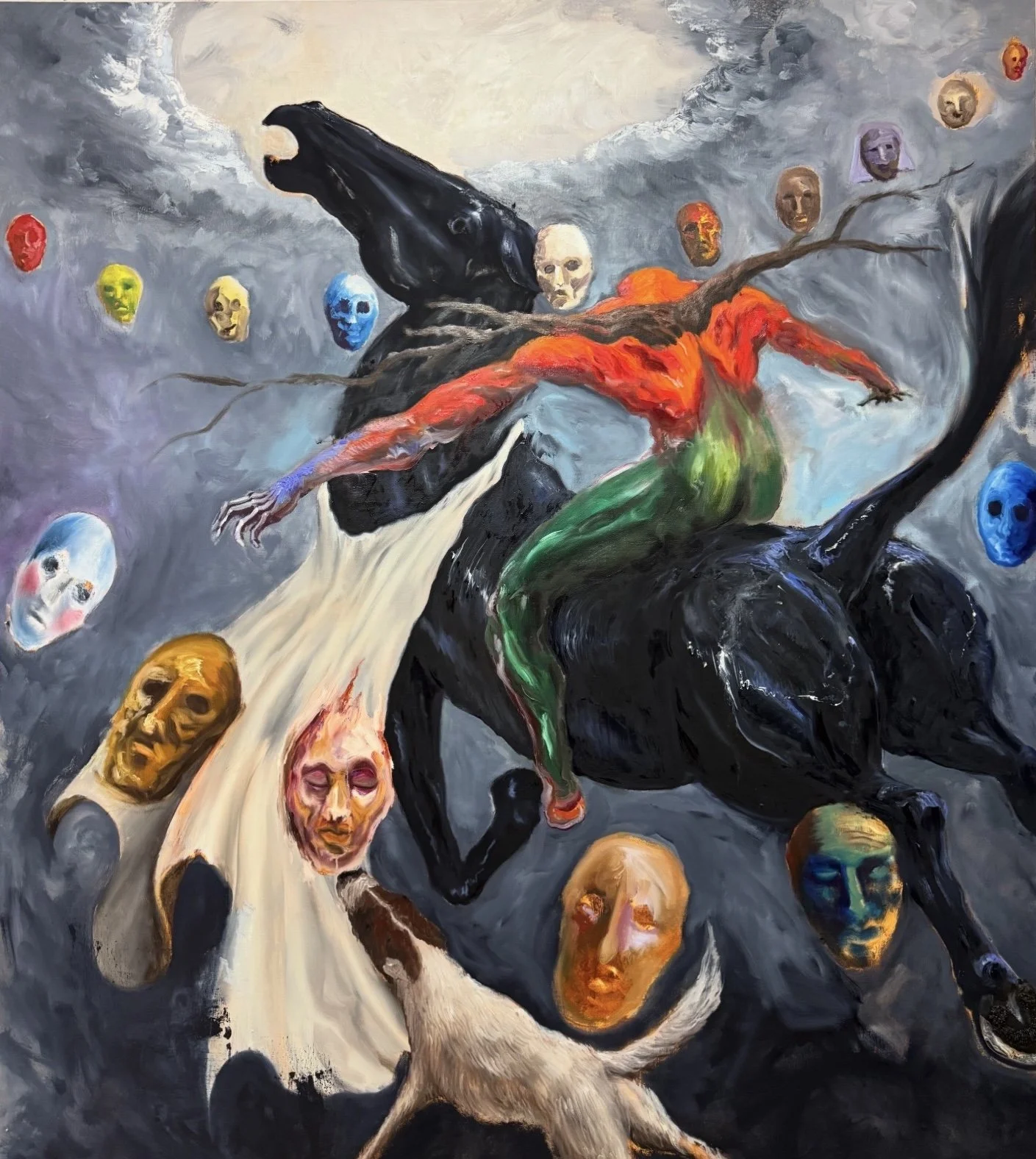 A surreal painting depicting a black horse in motion with a human figure riding on its back. The horse appears to be galloping. Surrounding them are various floating, colorful masks and skulls, some with human facial features and others more abstract