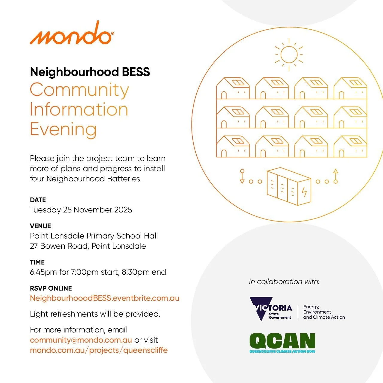 Mondo are holding an information session to update our community on progress of the neighbourhood batteries project - 7pm, Tuesday 25 November at the Point Lonsdale Primary School Hall. Head to NeighbourhoodBESS.eventbrite.com.au to RSVP (the snacks 