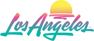 Colorful retro-style logo with a sunset and stylized text reading 'Los Angeles'.