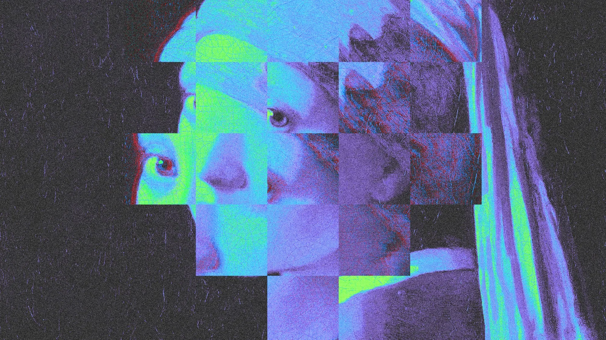 Abstract artwork featuring a pixelated portrait of a woman in shades of blue and purple, with the tex