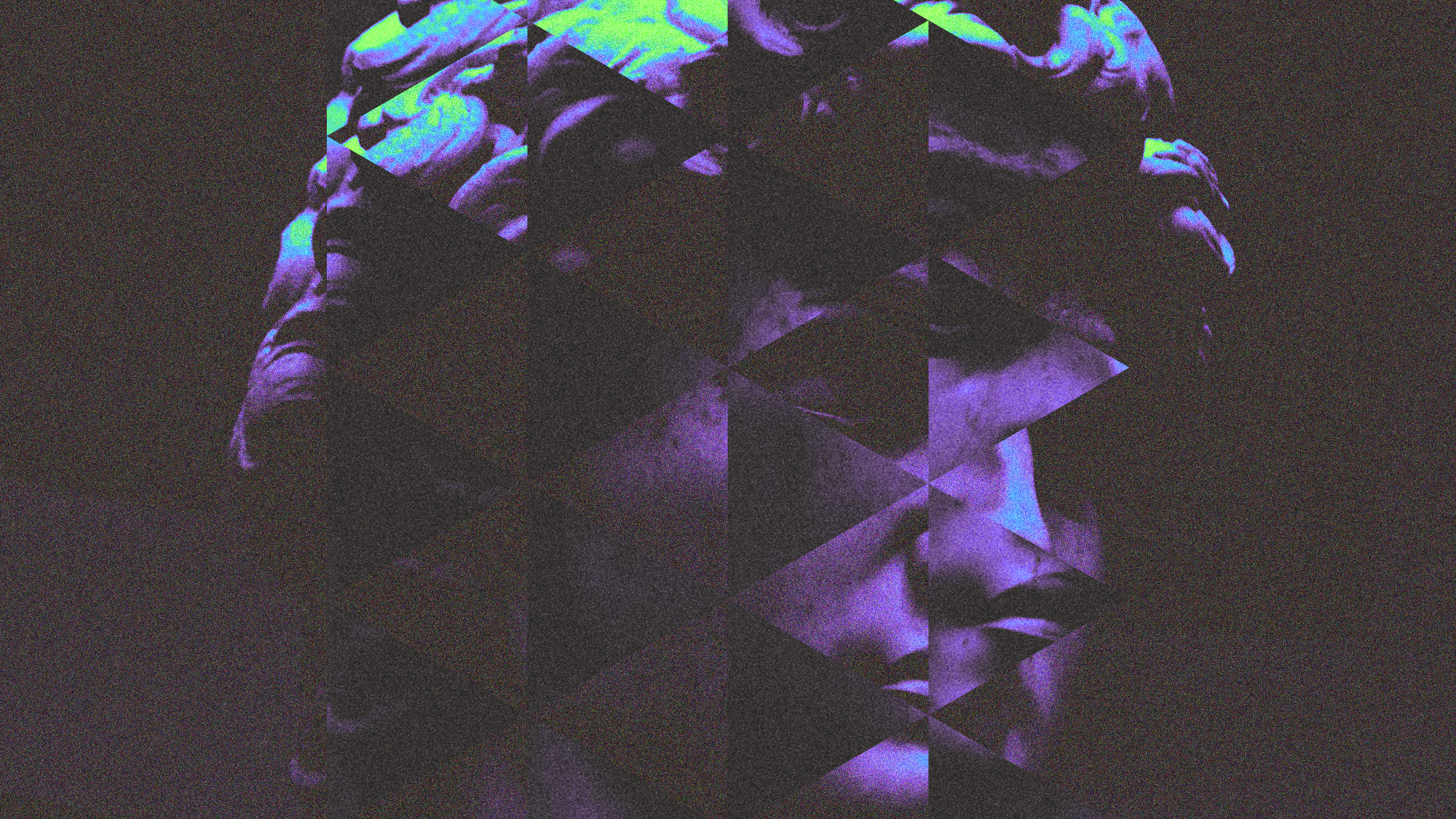 Event poster featuring geometric art of a sculpture head in blue and purple hues, with text