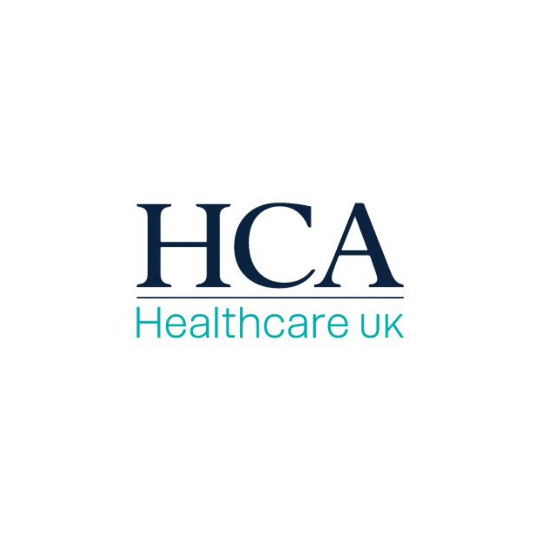Logo of Healthcare UK, with the initials 'HCA' in large navy font and 'Healthcare UK' in smaller teal font underneath.