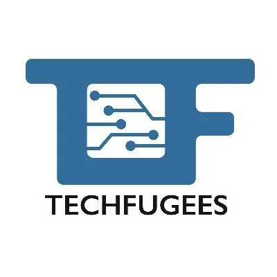 Logo of TechFugees featuring a stylized circuit board inside a stylized face or mask, with the text 'TECHFUGEES' beneath.