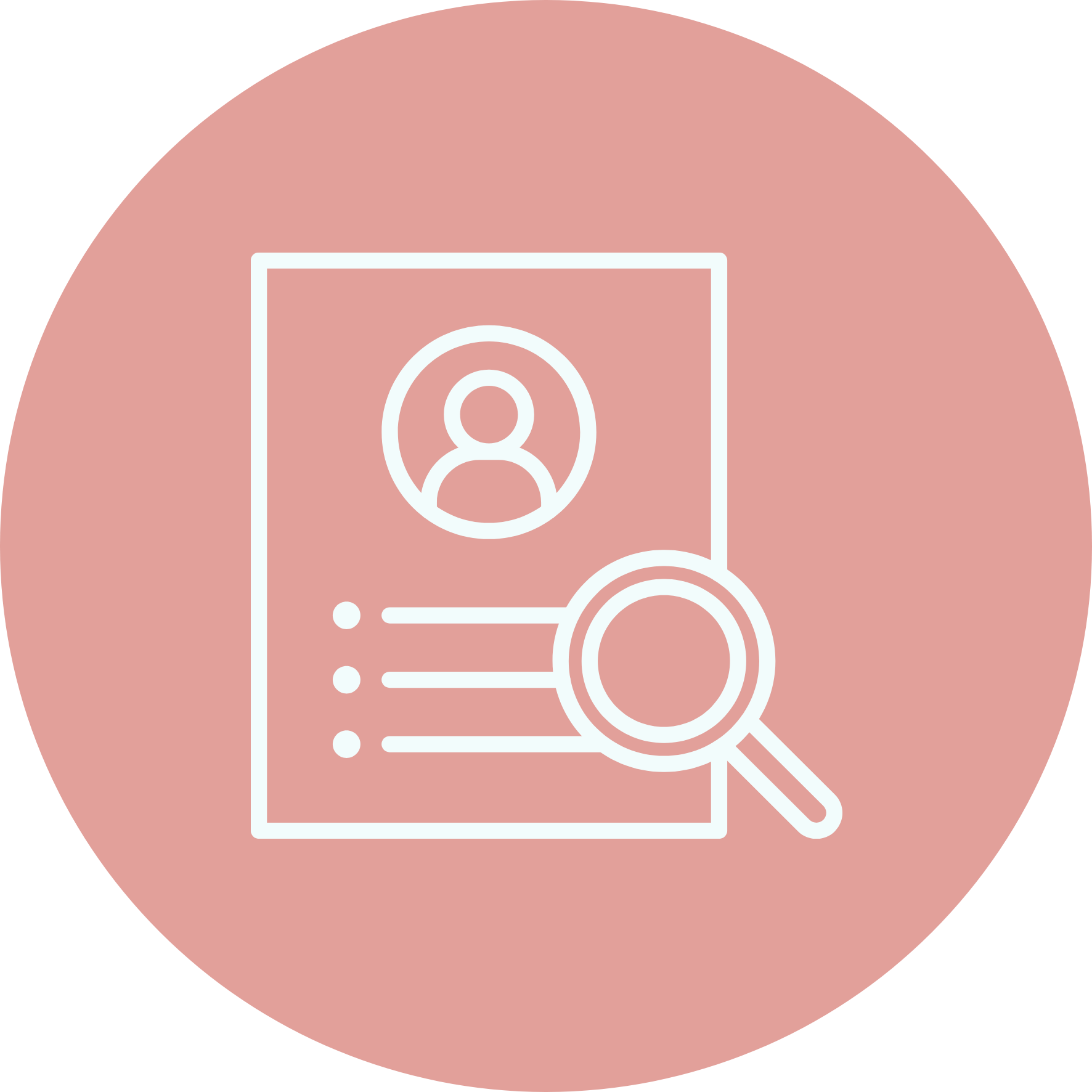 Icon of a resume or profile document with a magnifying glass, indicating searching or reviewing a person's profile.