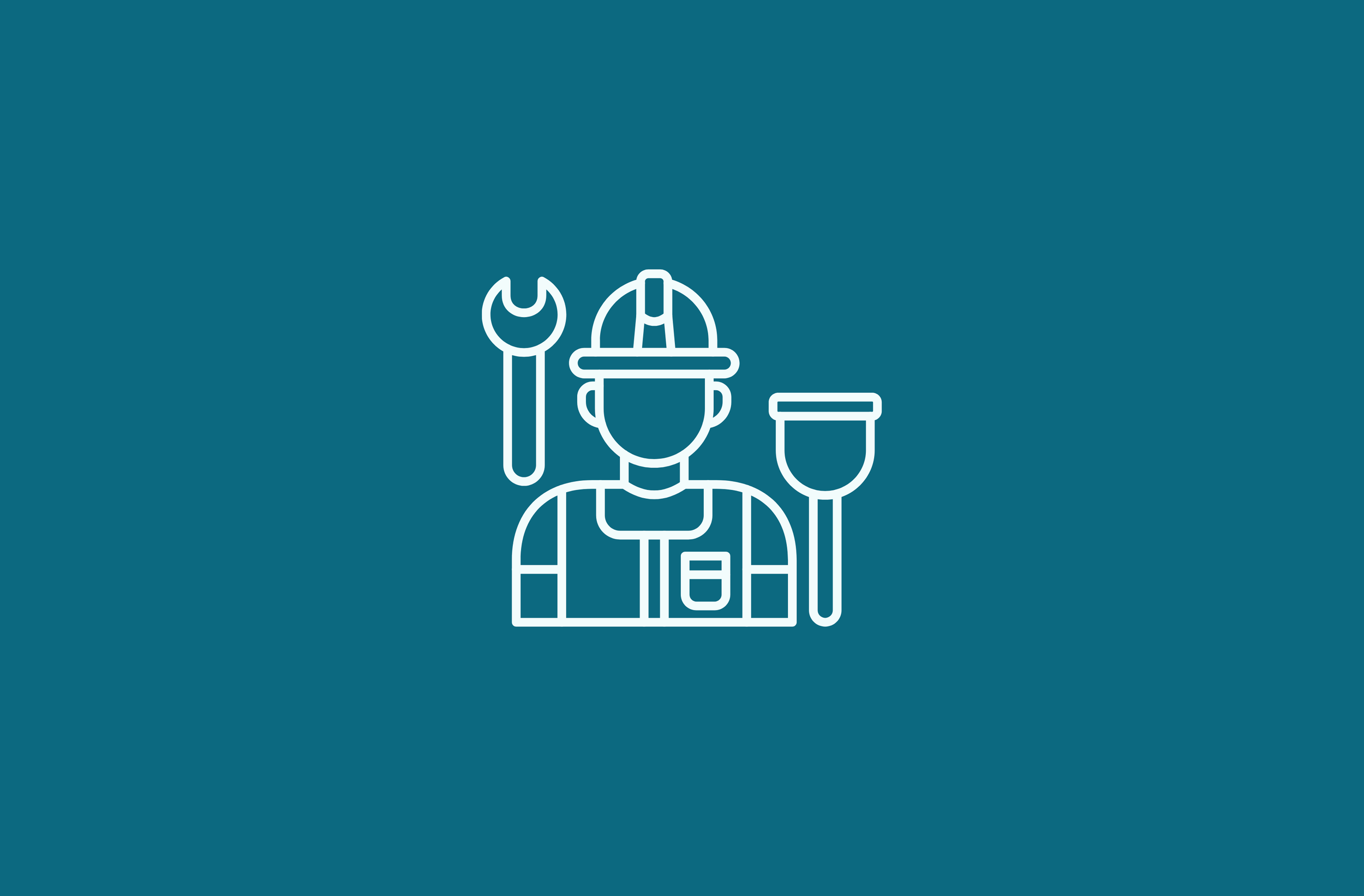 Outline icon of a construction worker wearing a helmet, holding a wrench and a trowel.