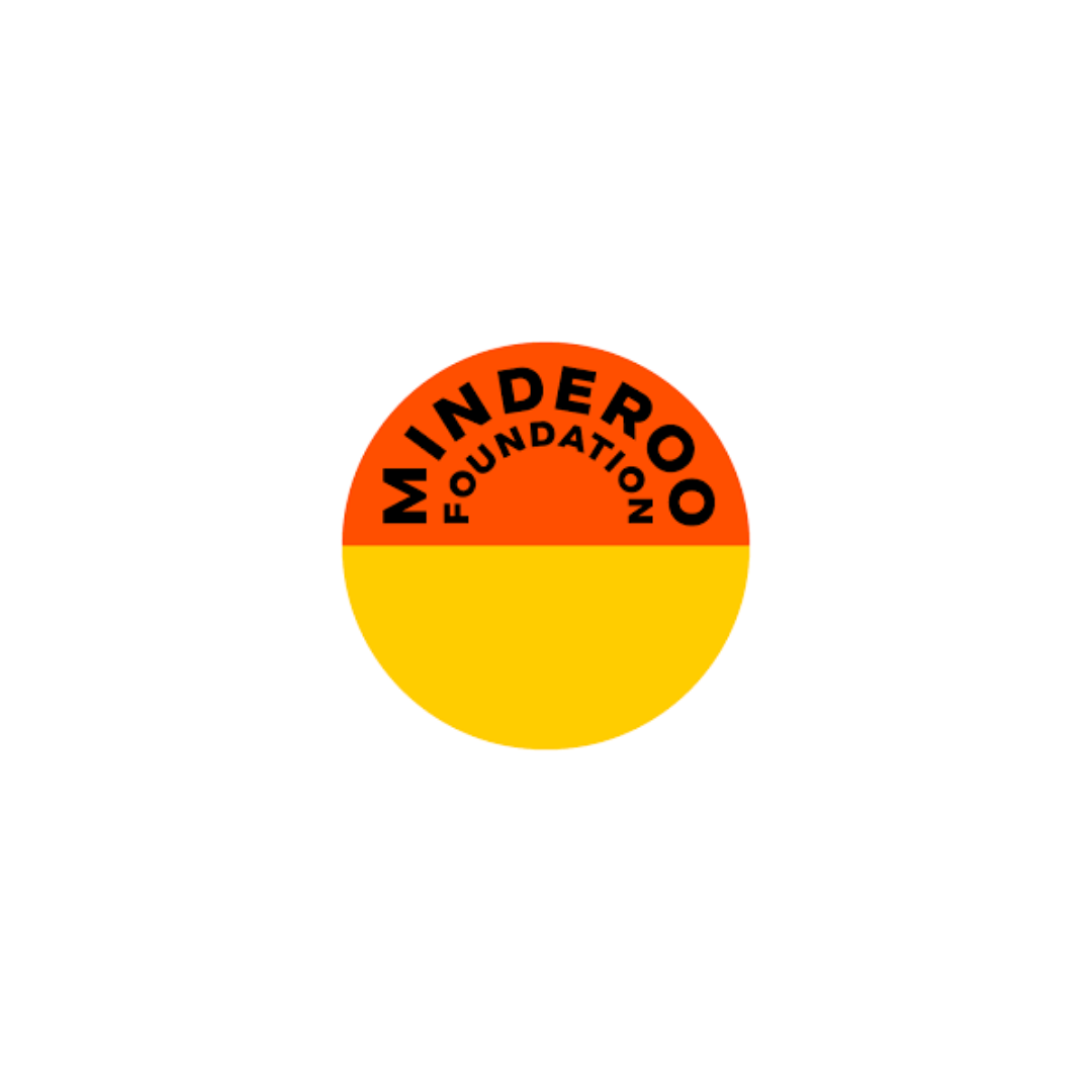 Circle logo with orange and yellow halves, black text reading 'MINDERO FOUNDATION' in a semi-circle on the orange half, and a black background outside the circle.