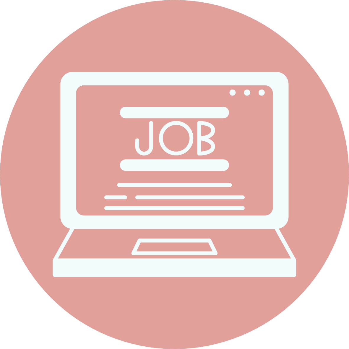 Outline of a laptop displaying a job search webpage with the word 'JOB' on the screen, set against a pink circular background.