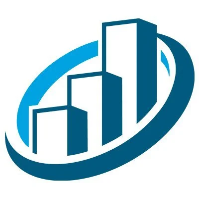 A logo featuring a stylized bar graph with three ascending bars inside a circular swoosh.