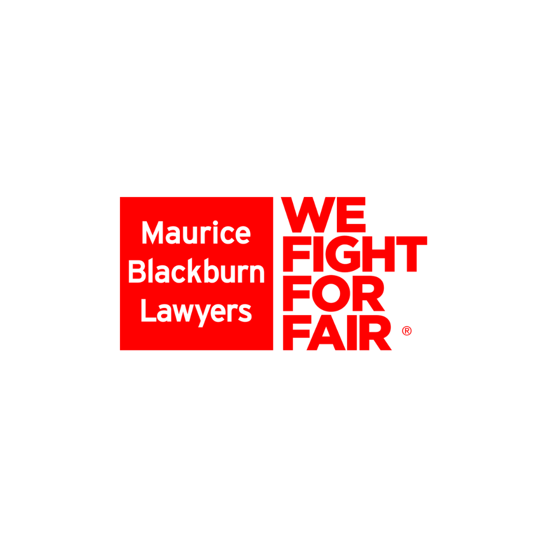 Text graphic with red and black colors stating "Maurice Blackburn Lawyers" and "WE FIGHT FOR FAIR".