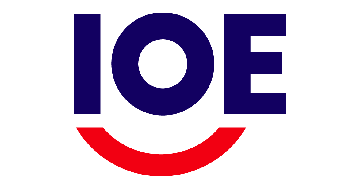 A logo with the word 'IOE' in bold navy blue letters, and a red curved line resembling a smile underneath.