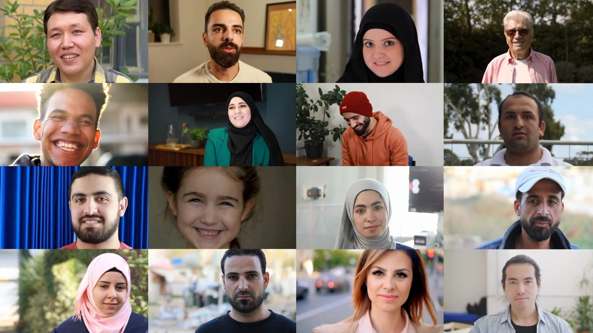 Collage of 16 diverse people, showing a mix of men and women of various ethnicities, ages, and styles, in different indoor and outdoor settings.