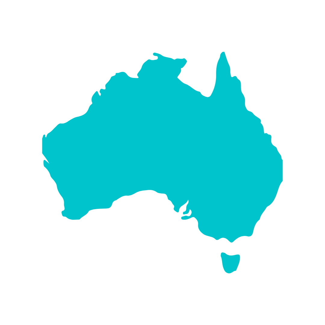 A turquoise silhouette map of Australia on a white background.