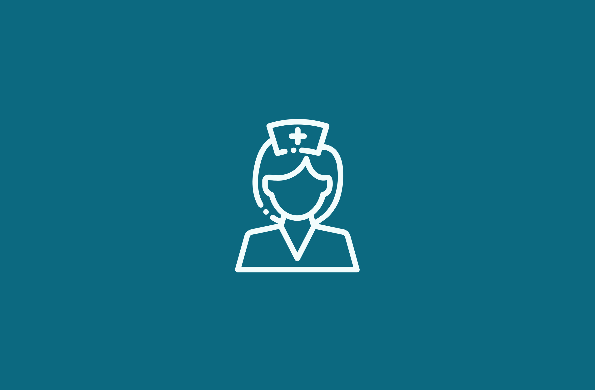 Line drawing of a nurse wearing a cap with a medical cross, set against a teal background.