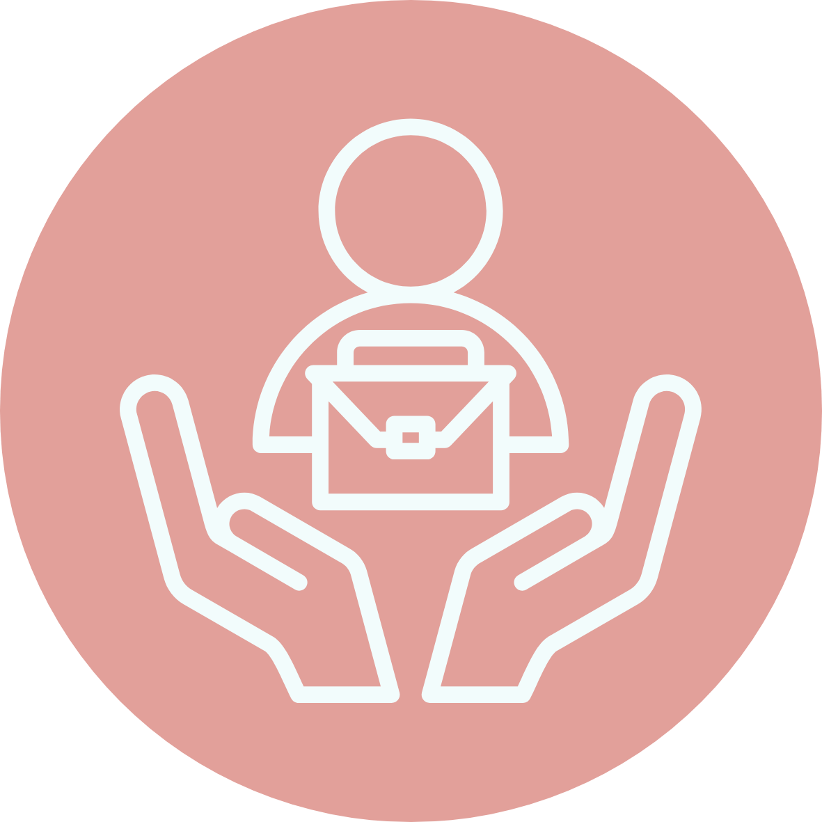 Outline of a person holding a briefcase, surrounded by two hands representing support or protection, set against a pink circular background.