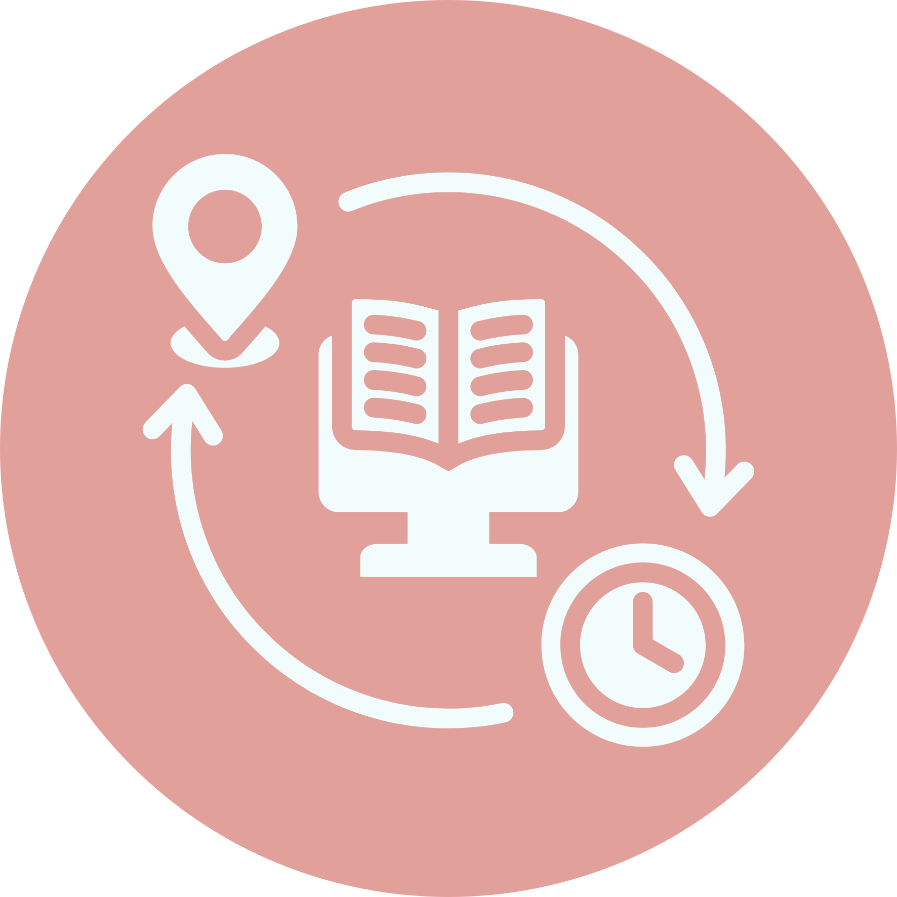 Icon of a computer with an open book on the screen, a clock, a location pin, and arrows indicating a cycle or process, all on a pink background.