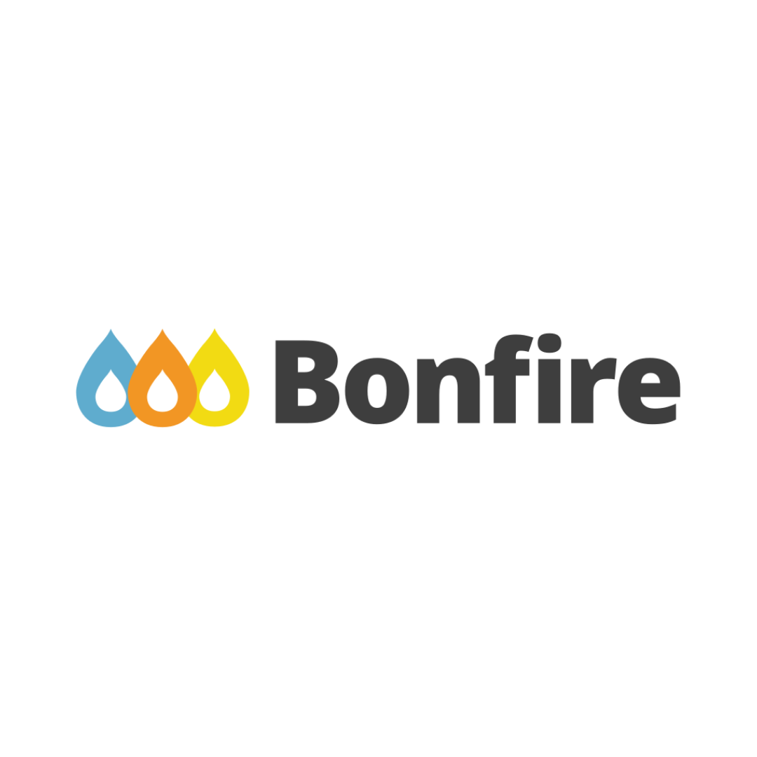 Logo for Bonfire featuring three colorful flames in blue, orange, and yellow, and the word 'Bonfire' in black text.