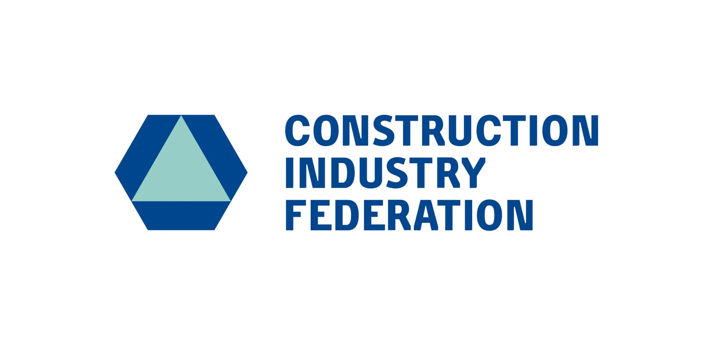 Logo of the Construction Industry Federation featuring a hexagon with a triangle inside and bold blue text listing the federation's name.