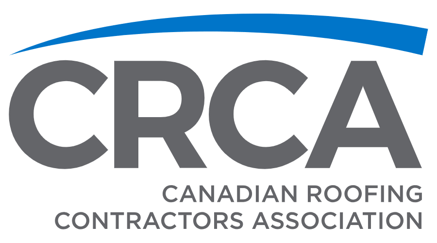 Logo of the Canadian Roofing Contractors Association (CRCA) with large gray letters and a blue curved line above.
