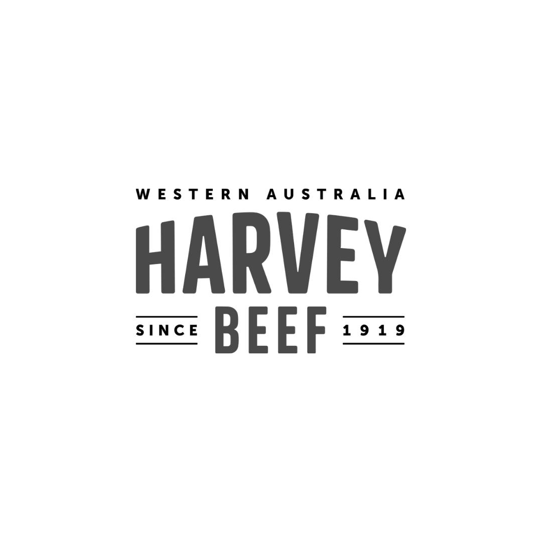 Black T-shirt with gray logo reading "Harvey Beef"