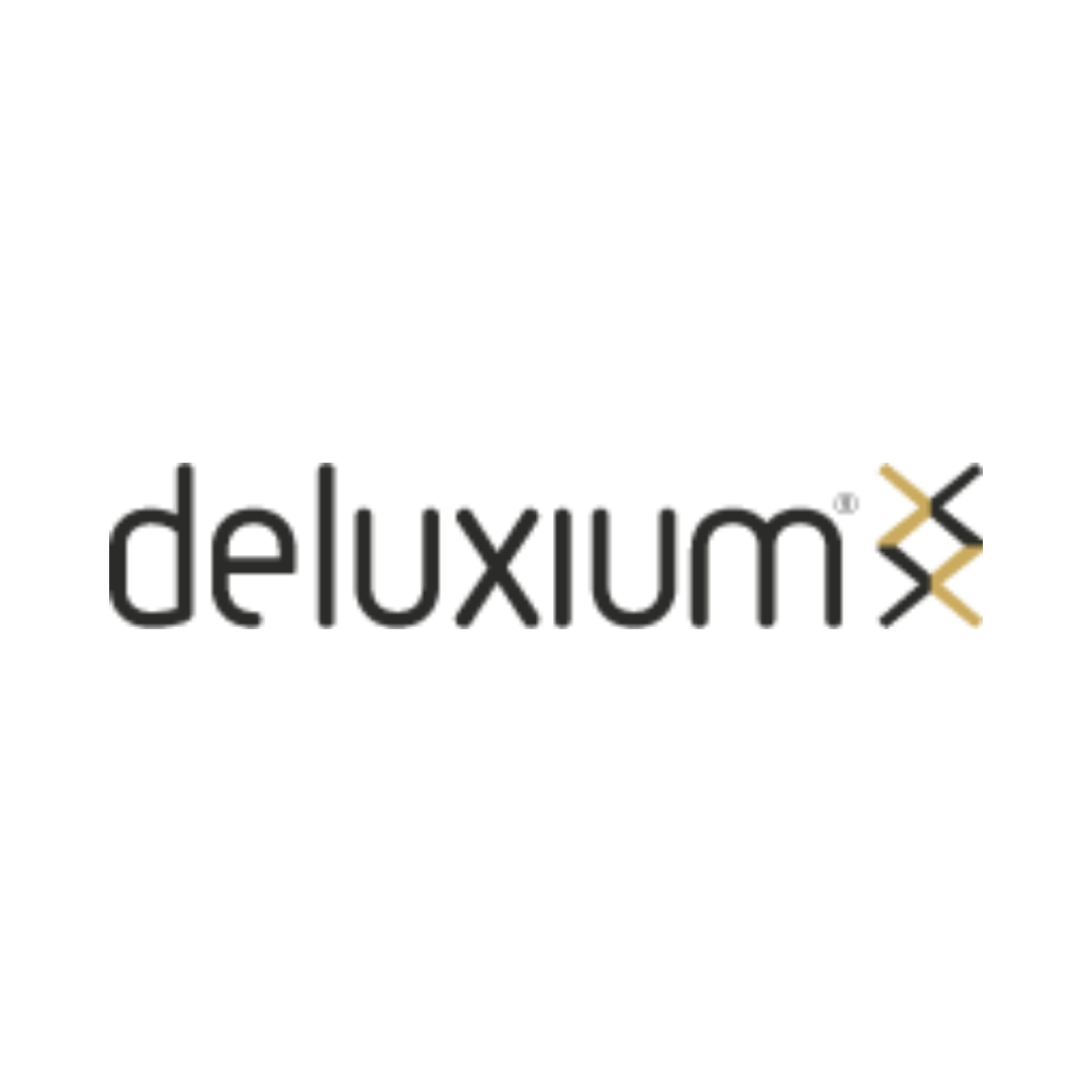 Logo with the text 'deluxium' in black font, with a red and yellow arrow design on the right.