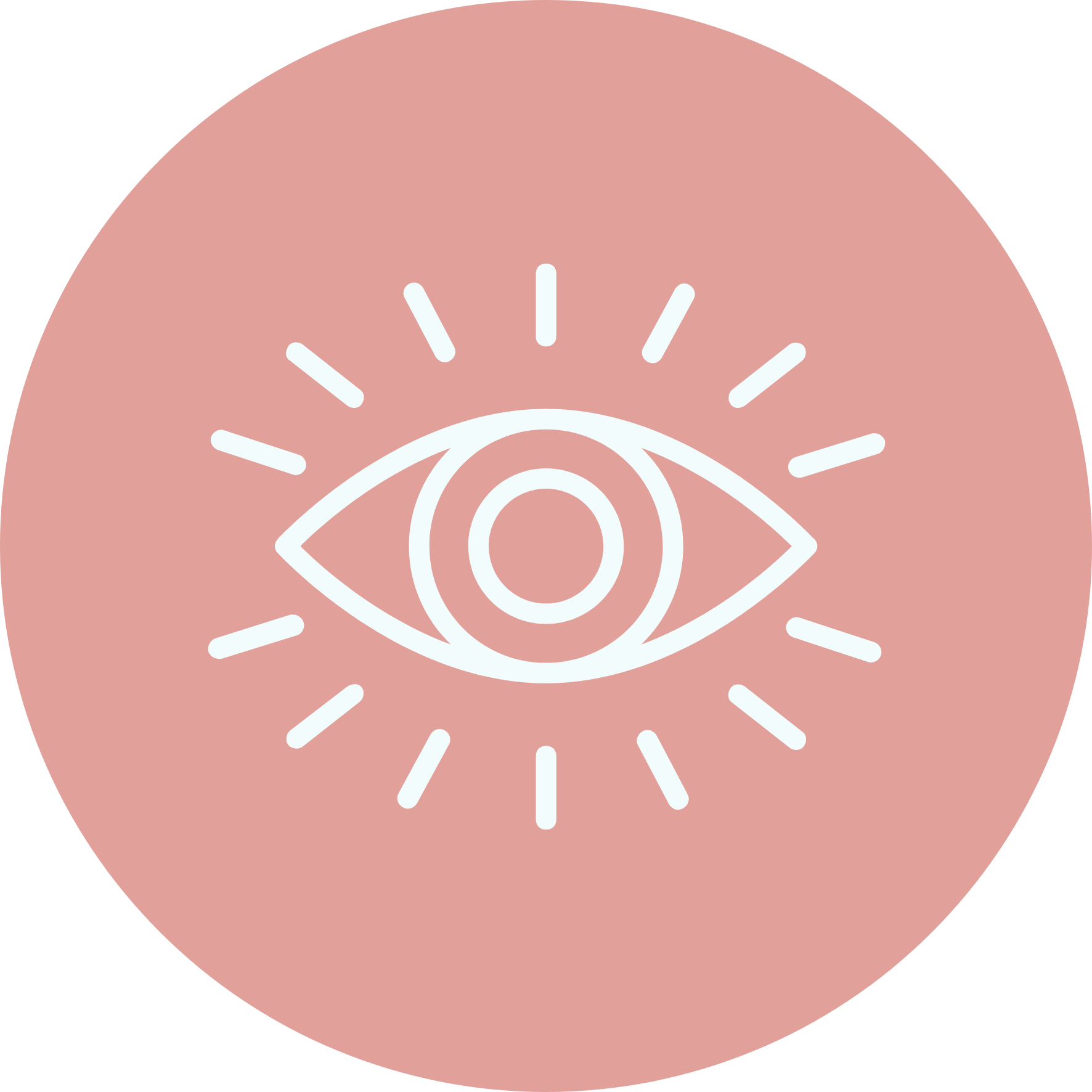 Icon of an eye with radiating lines on a pink circular background.