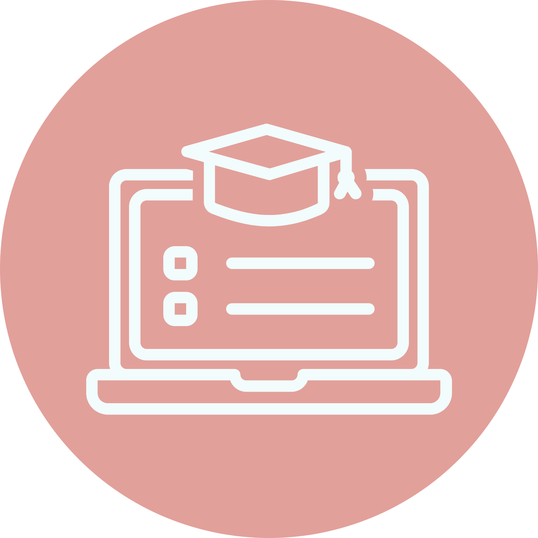 Outline of a computer screen with a graduation cap on top and lines of text, representing online education or learning.