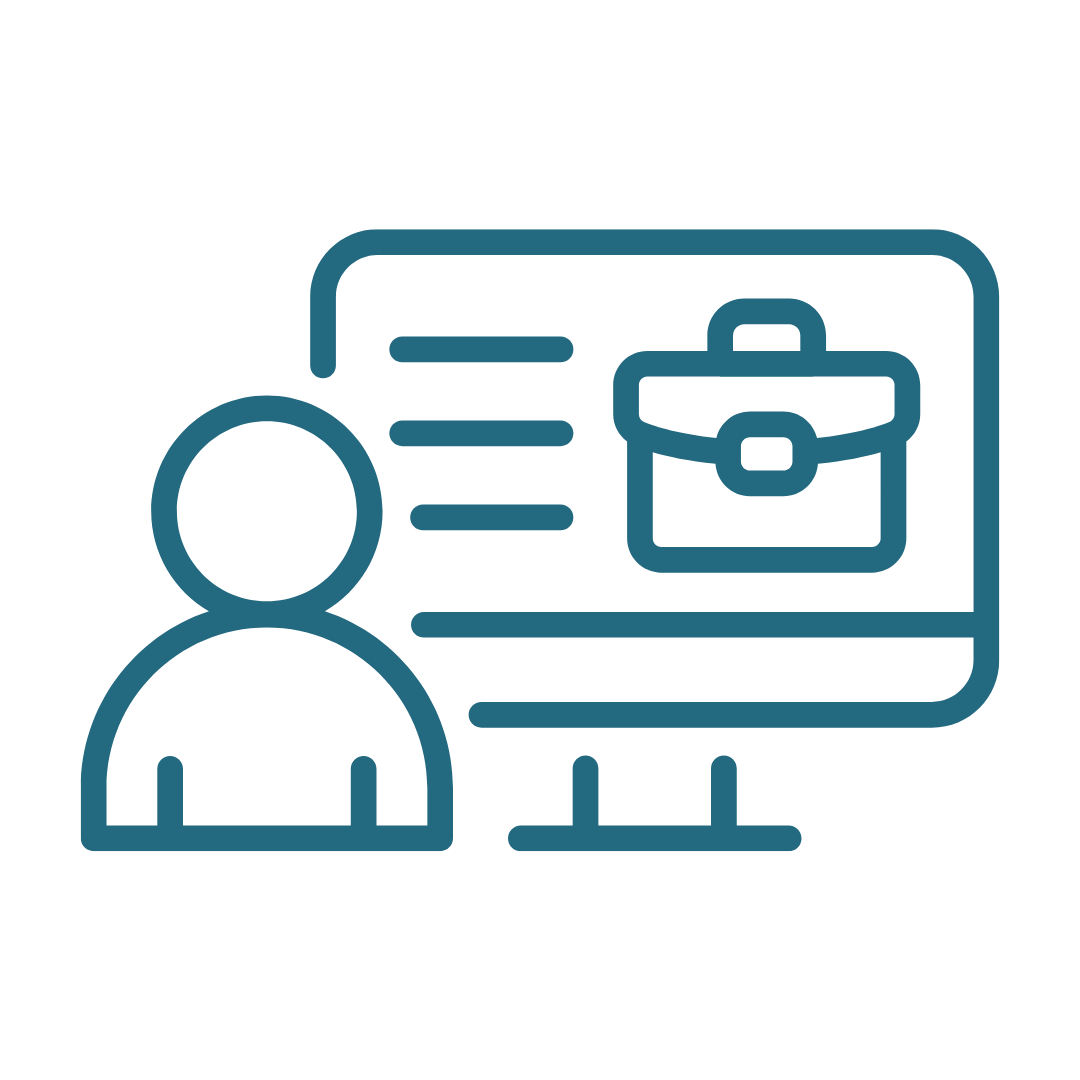 Line drawing of a person giving a presentation on a laptop screen with a play button.