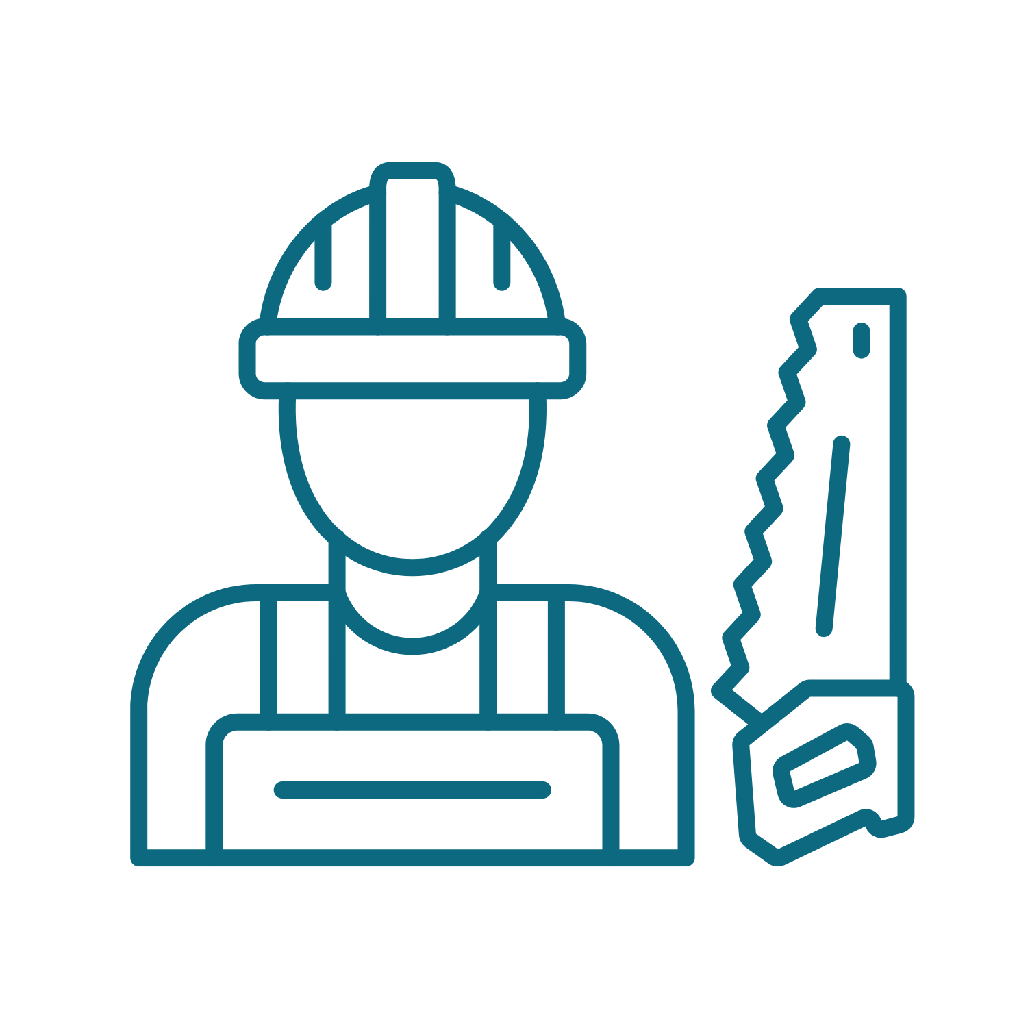 Outline icon of a construction worker wearing a helmet, holding a wrench and a trowel.