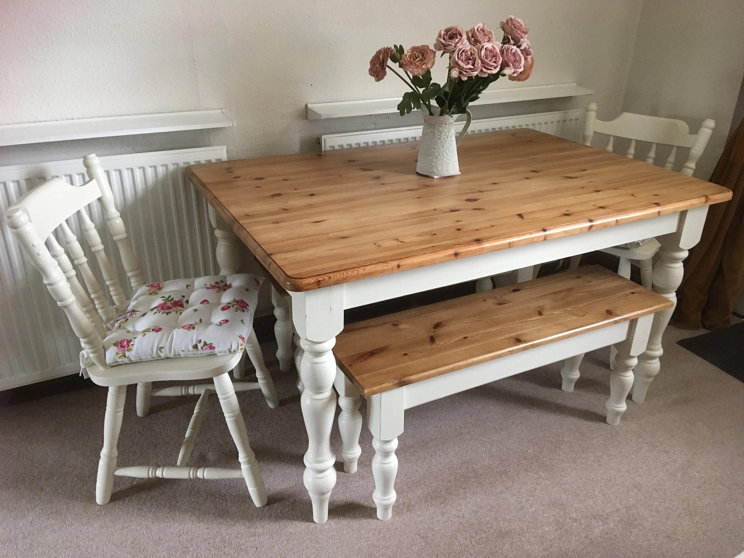 farmhouse table with bench and chairs