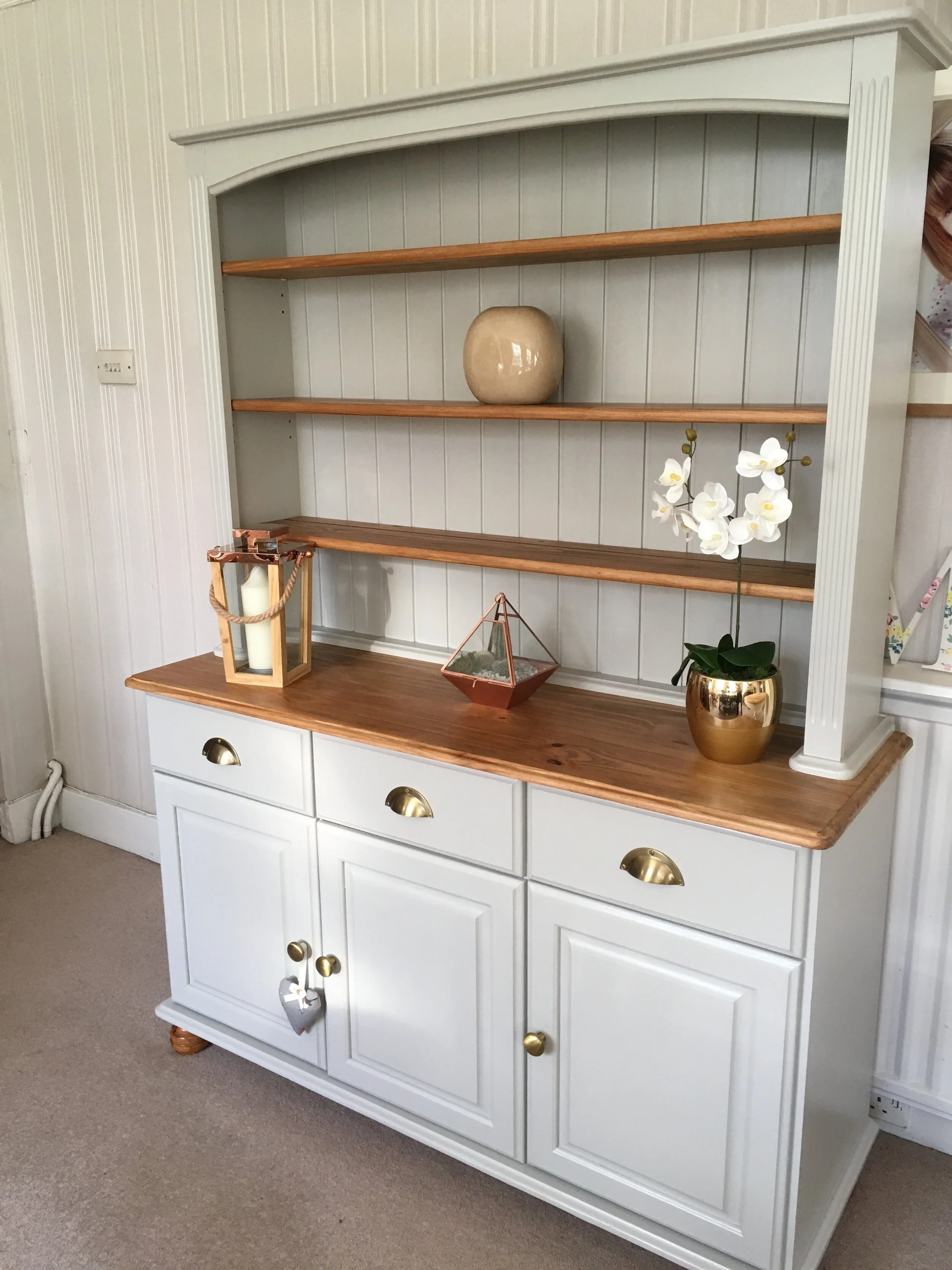 pale grey painted dresser with wooden top
