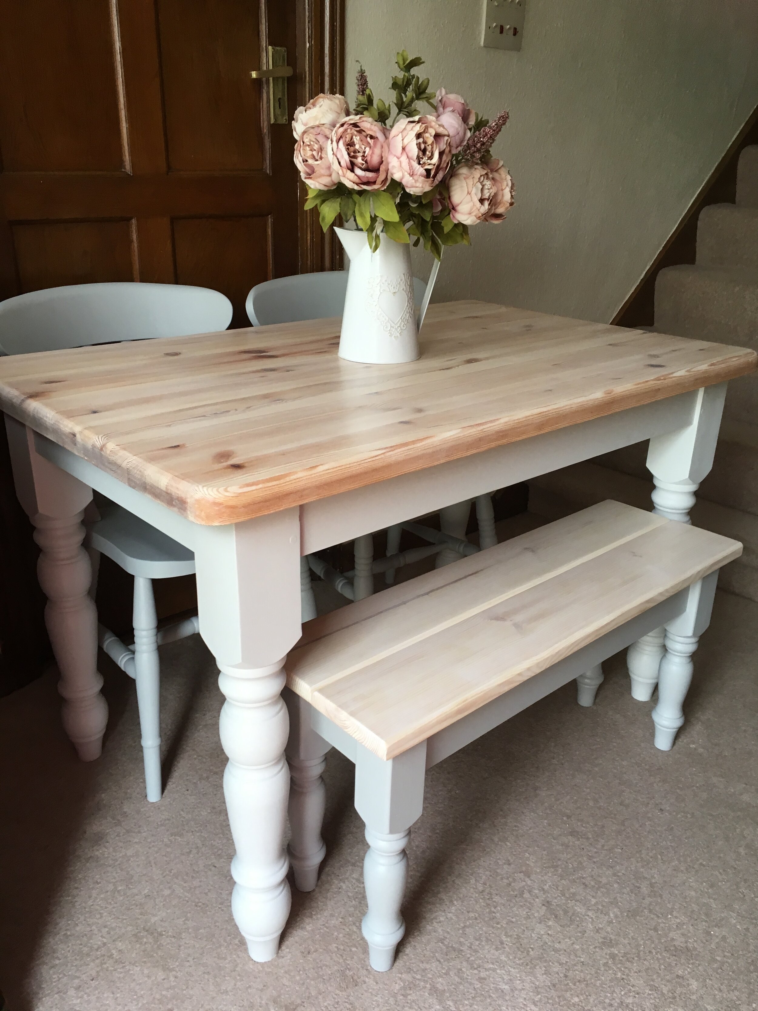 pale grey farmhouse table with limed wax top and bench