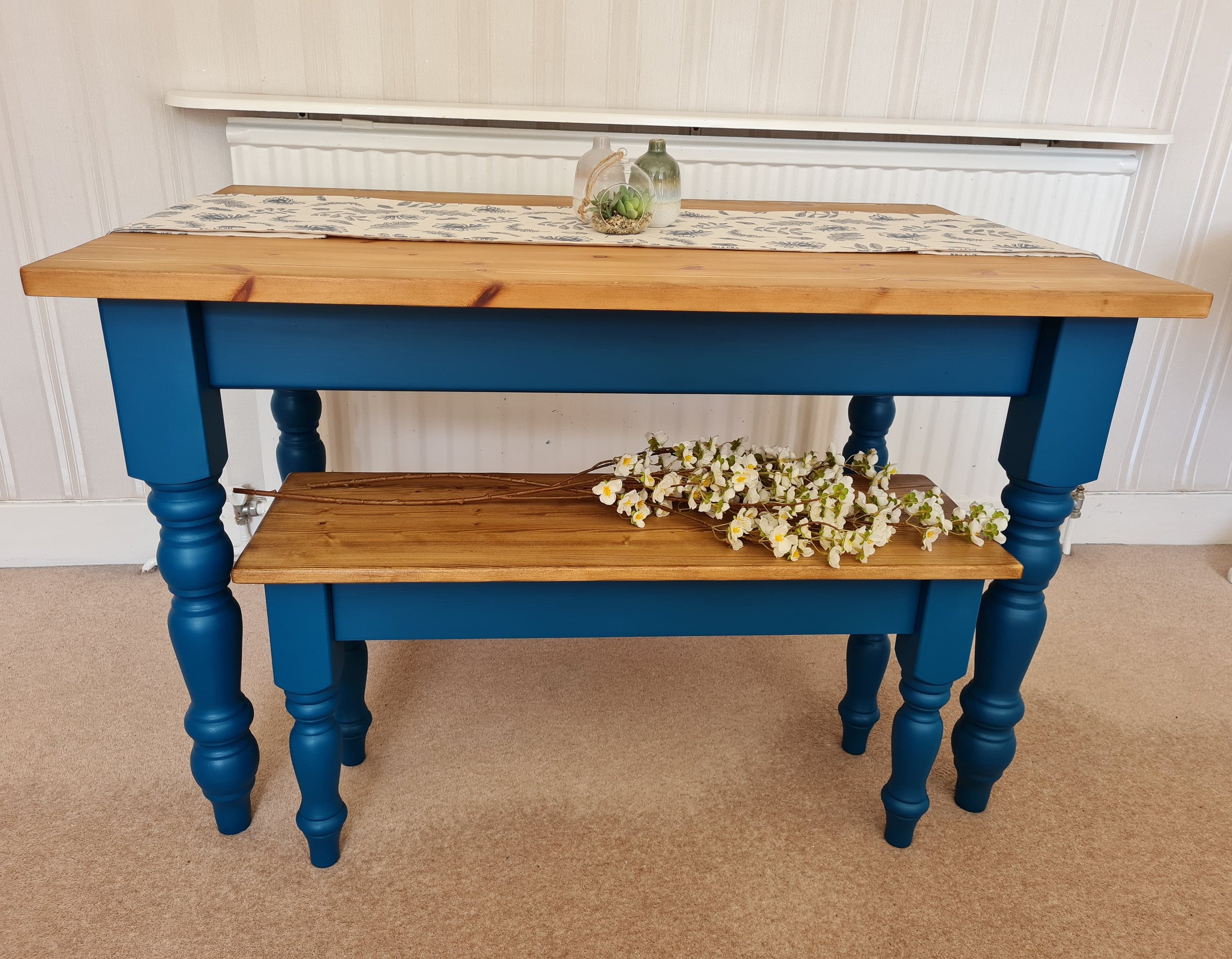 painted farmhouse table and bench set - teal with browning wax wooden tops