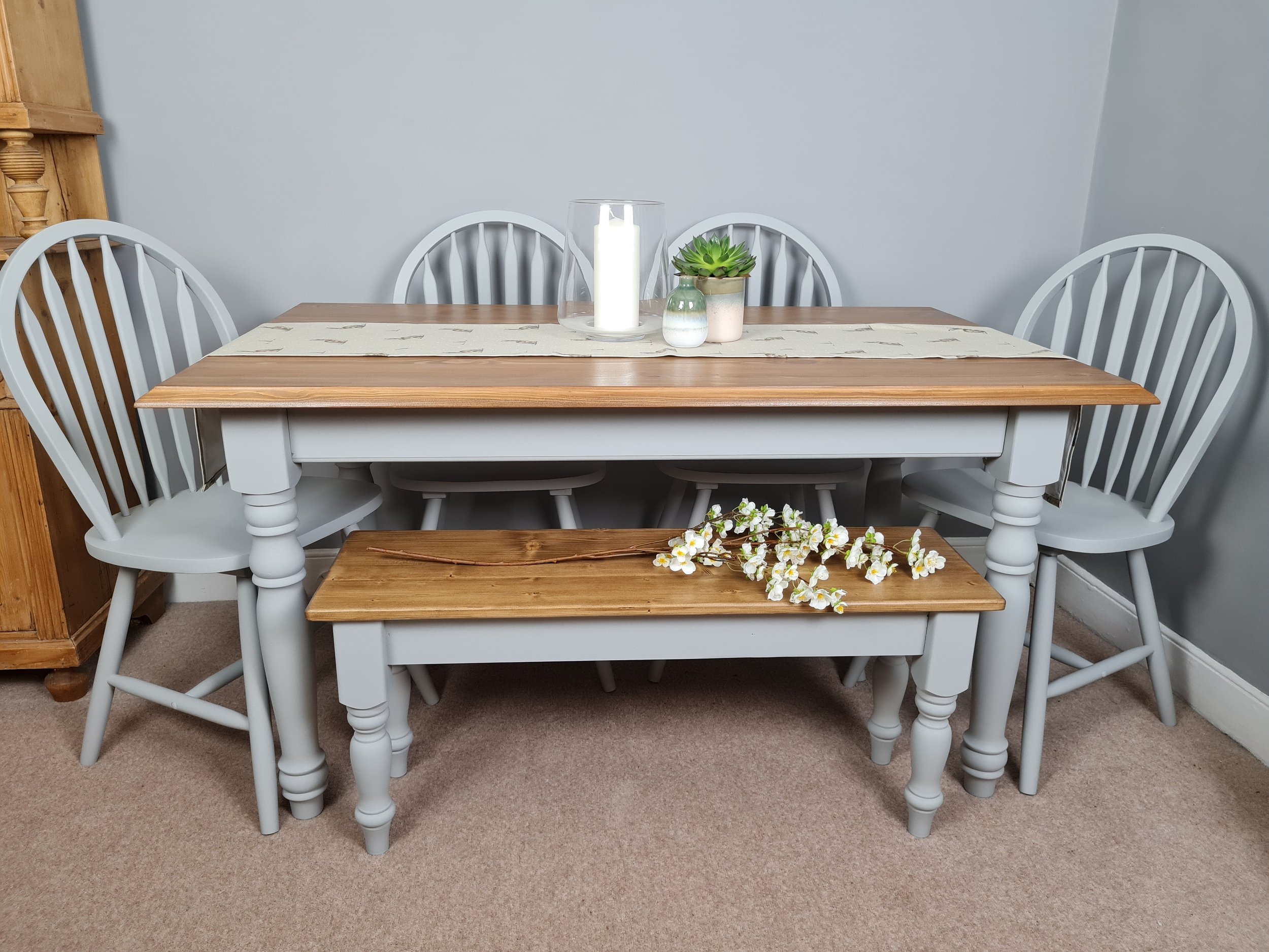 farmhouse table,bench and chairs set - painted light grey with oak stained tops