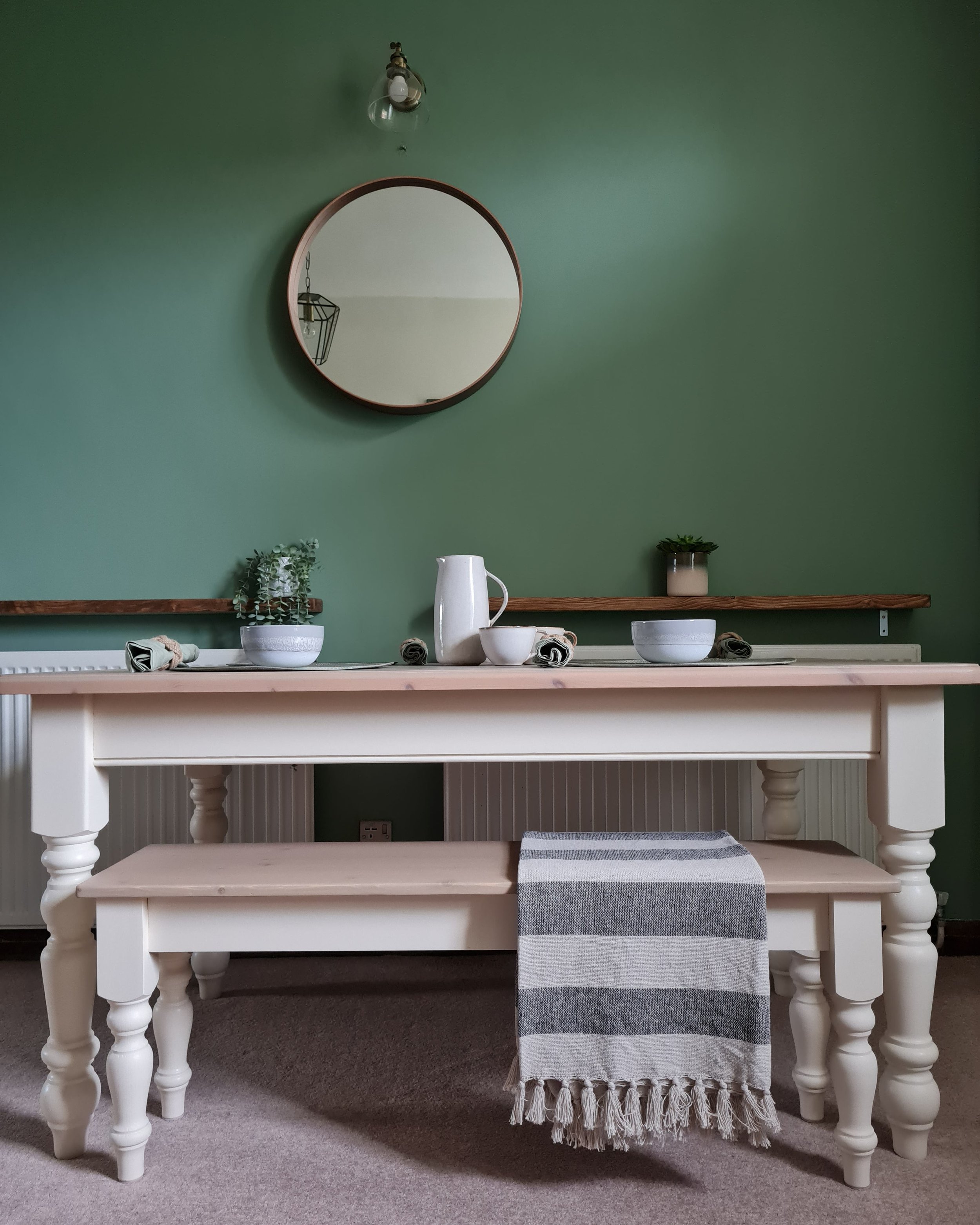 cream painted farmhouse table and bench with light taupe stained wooden tops