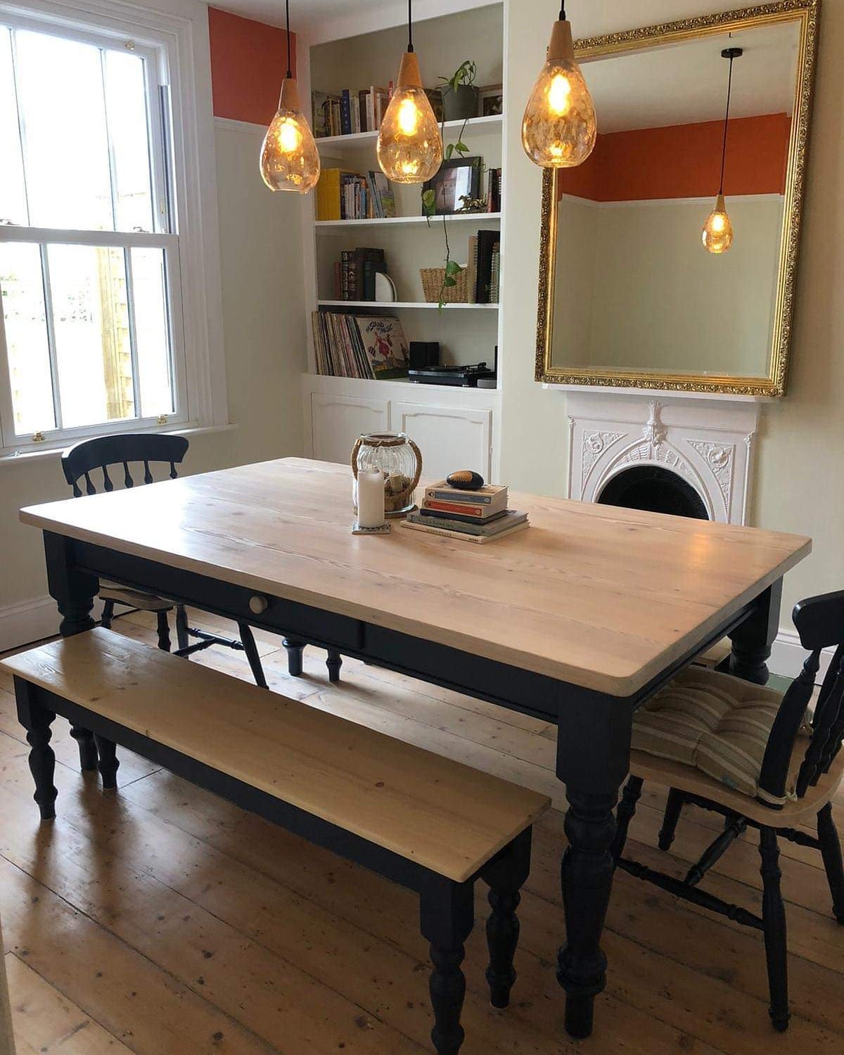 painted farmhouse table, bench and chair set - navy with light white stained wooden tops