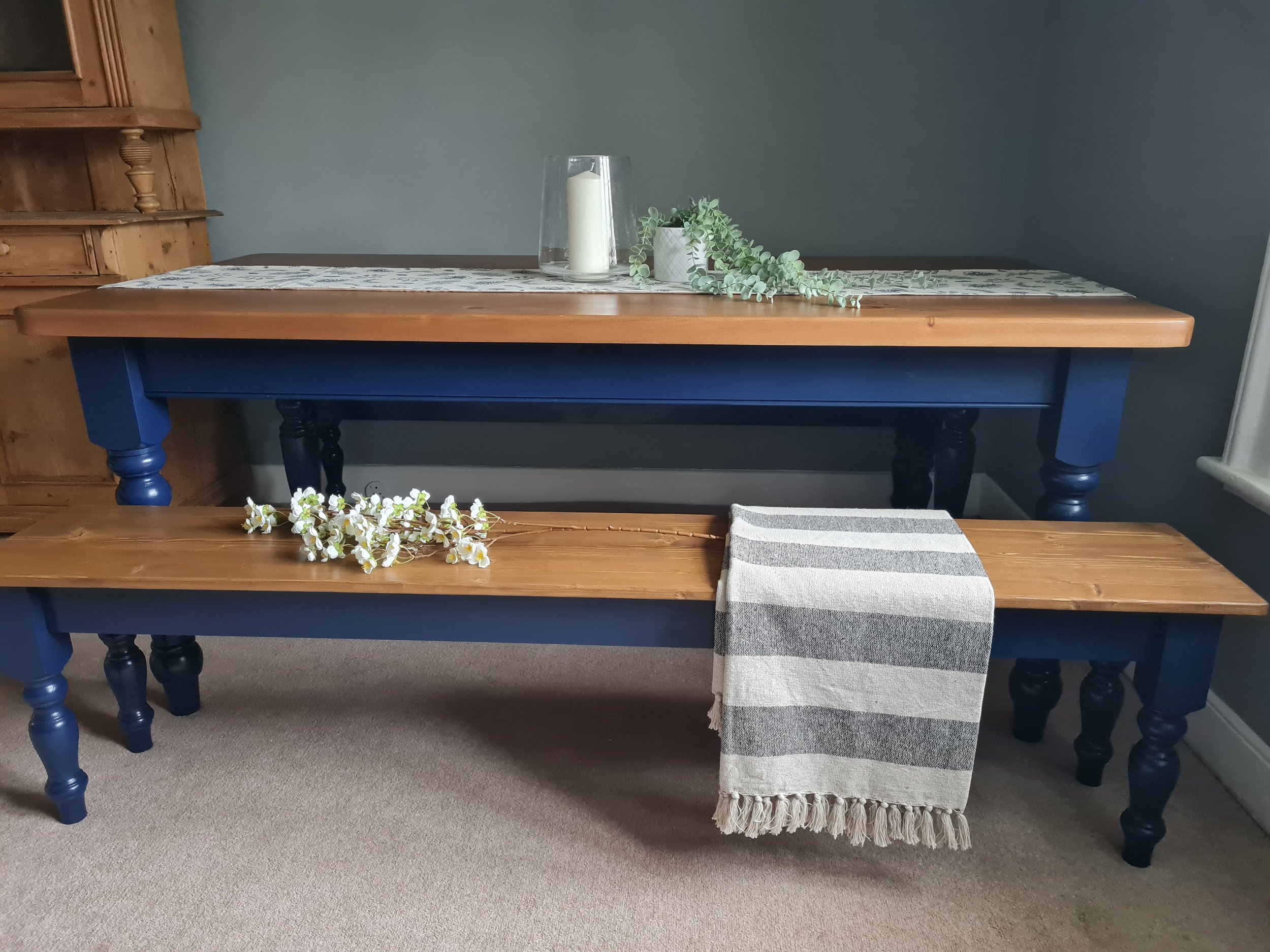 blue painted farmhouse table and bench set with oak coloured stained top