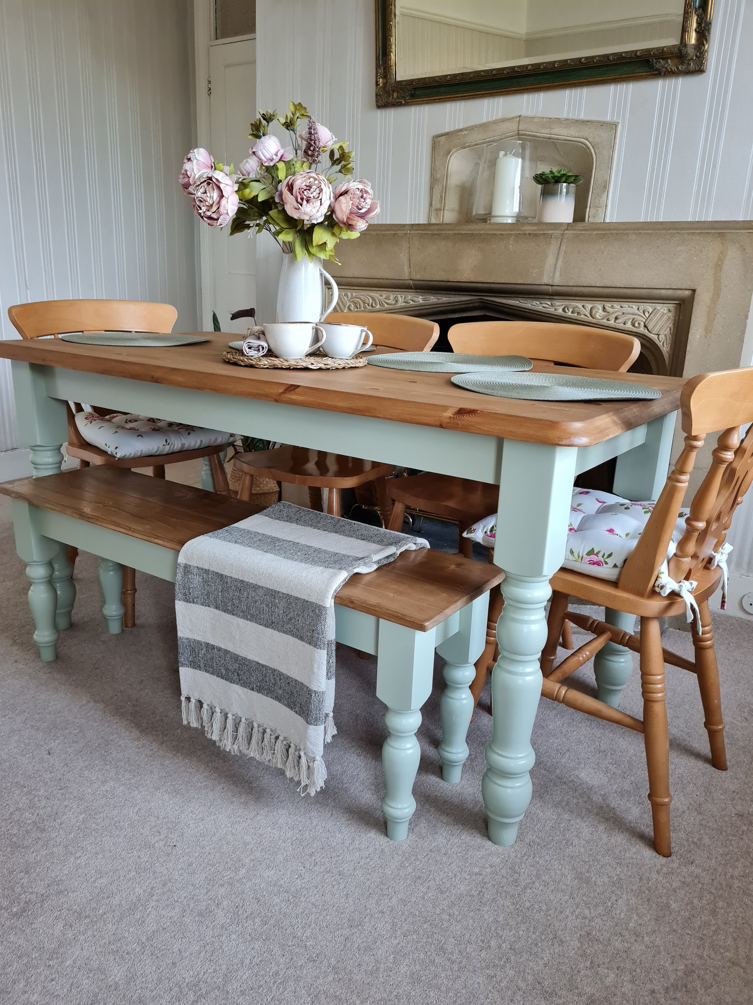 sage green painted farmhouse table and bench set with waxed wooden top