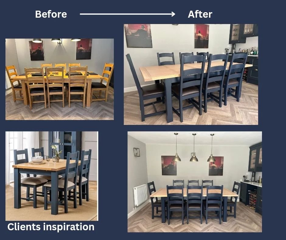 This set was transformed from orange varnished oak to this gorgeous contemporary navy and light oak top.

Love receiving photos from clients.

You can see the client inspiration photo in the bottom left corner.

Do you think we met the brief?

I woul