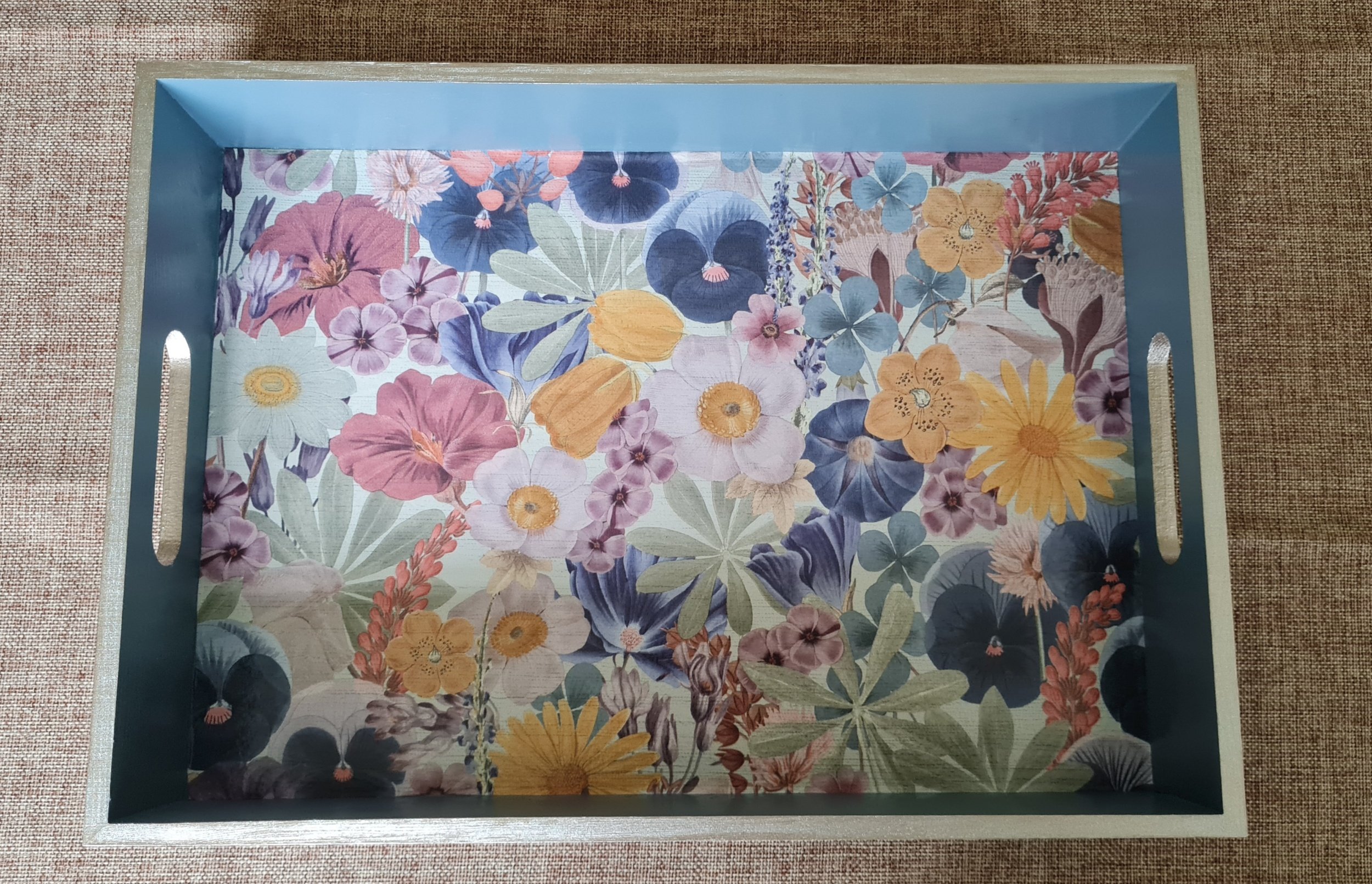 Blue hand painted tray - summertime floral design