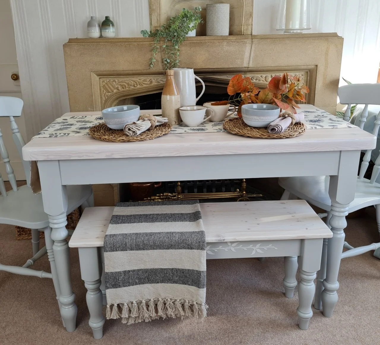 Light Grey painted farmhouse table and bench set.jpg