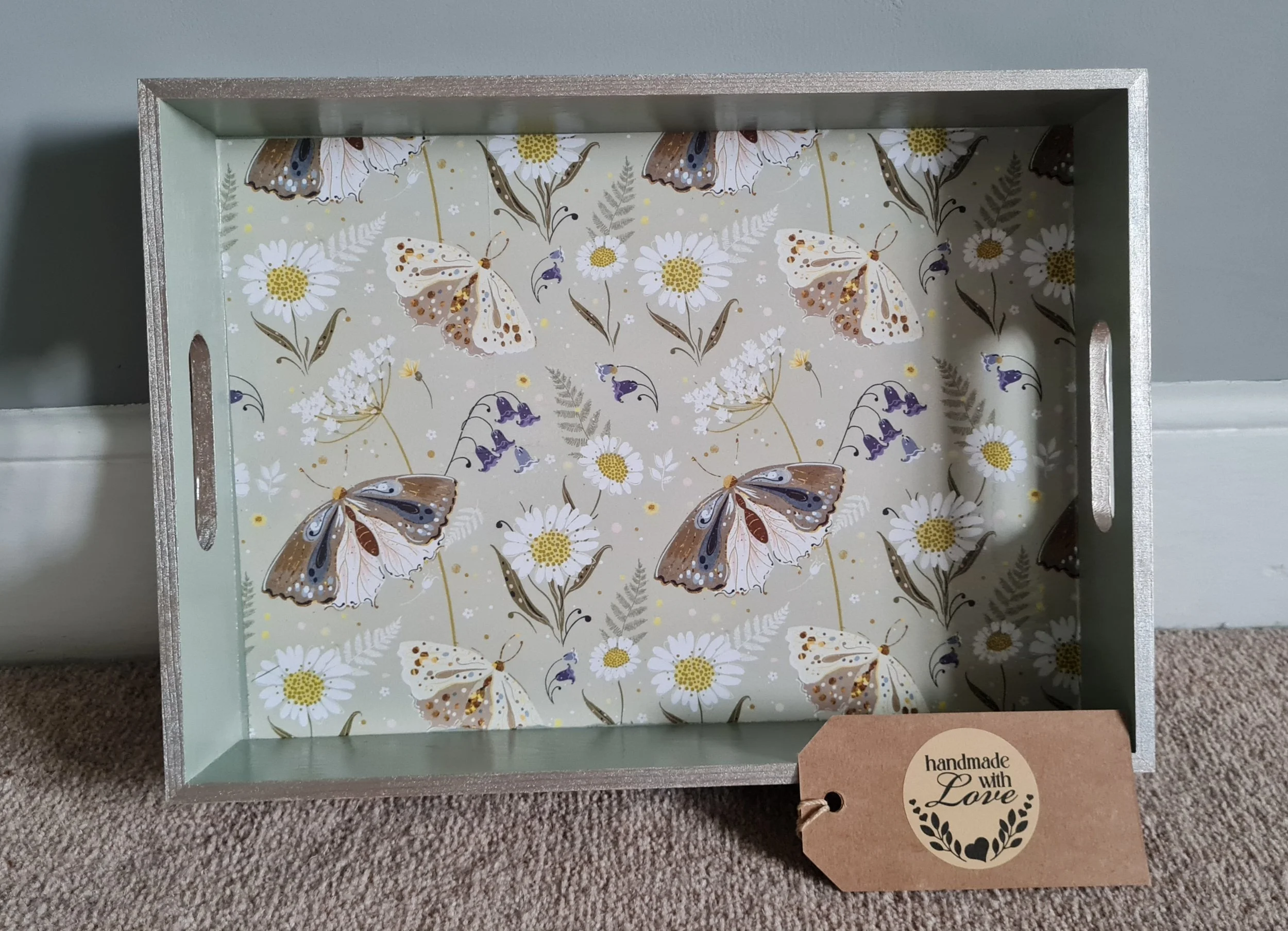 Muted Sage green painted tray - Moths design