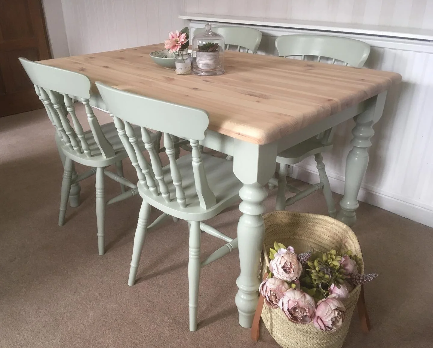 sage green painted farmhouse table with sage green painted chairs