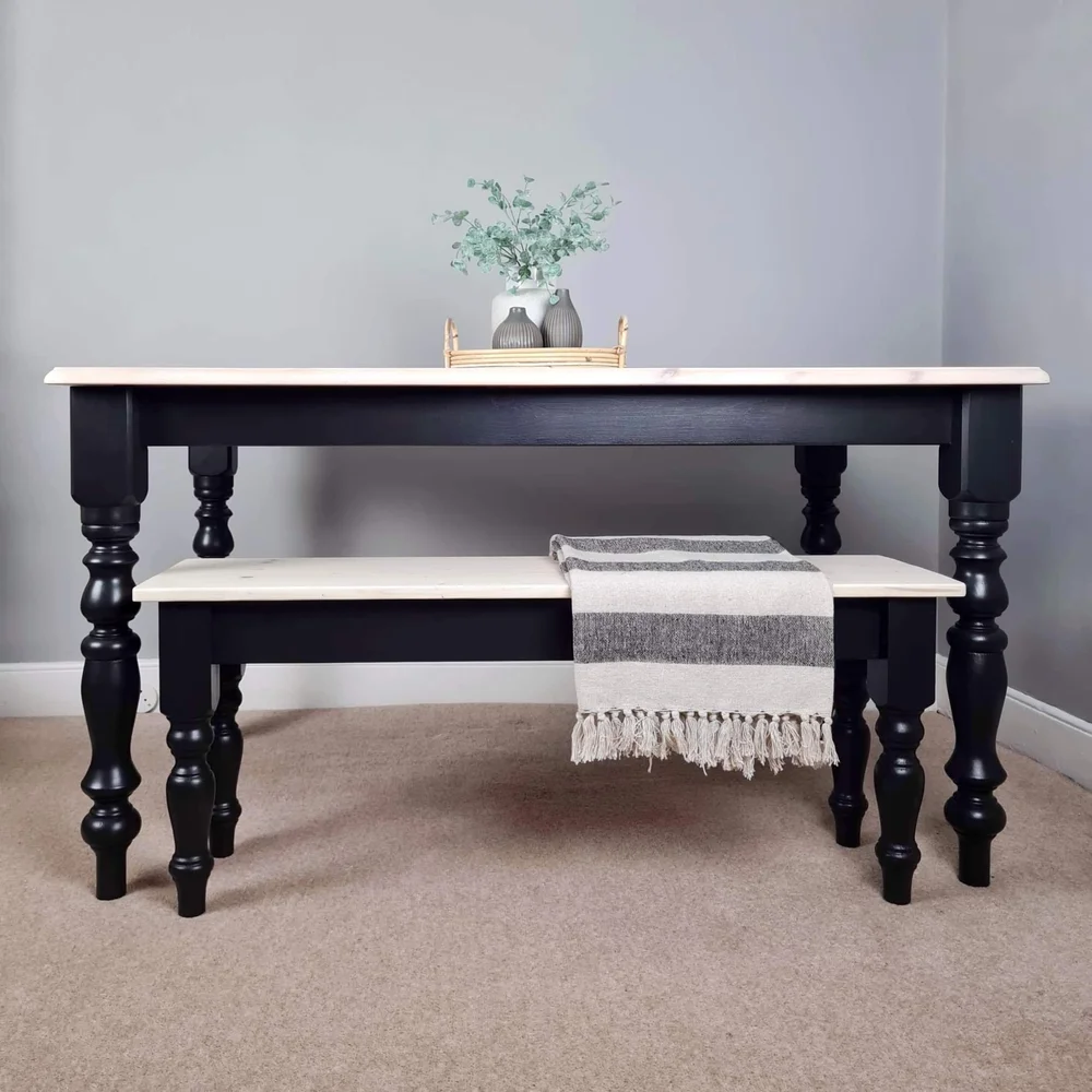 Black blonde wood farmhouse table with pair of matching benches