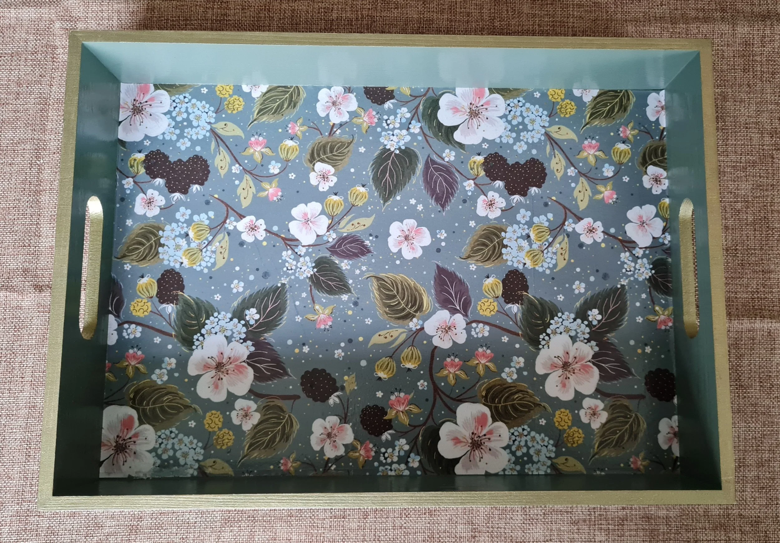 Hand painted and decoupaged tray - Green and gold Harvest time design